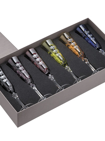 Box of 6 Colored Champaigne Flutes.